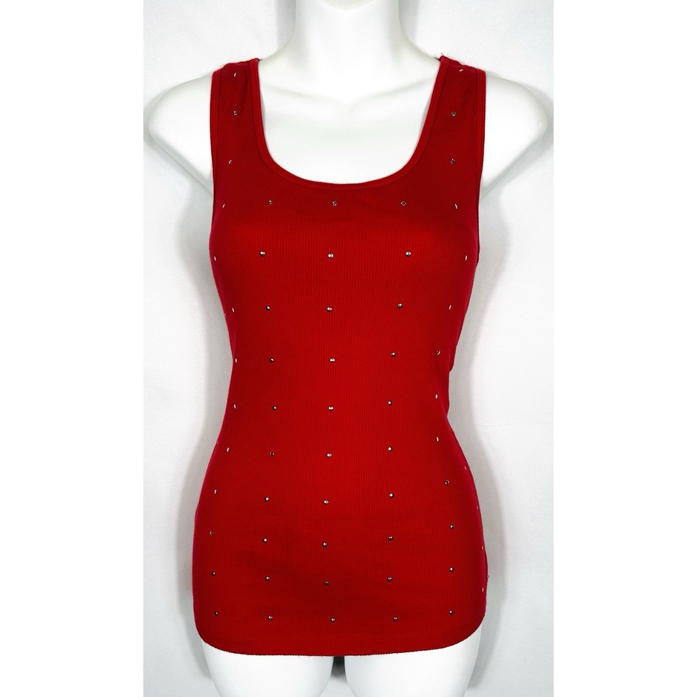 Y2K Ribbed Knit Fitted Tank Top Size M Studded Bling Bratz Baddie Grunge Emo Alt - Picture 2 of 12